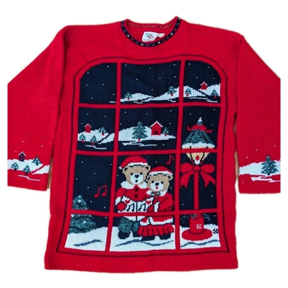 NUTCRACKER Ugly Christmas Sweater Bear Couple Window Scene Jumper S VINTAGE